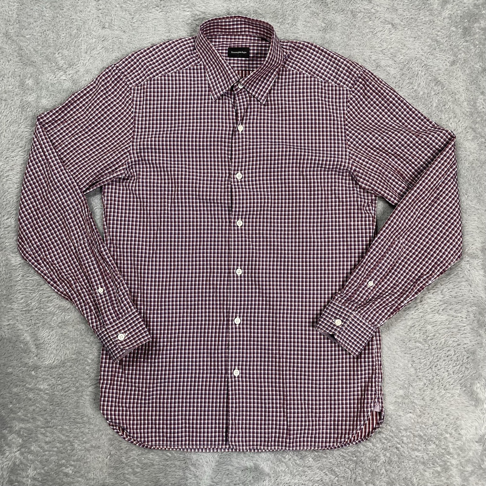 Ermenegildo Zegna Shirt Mens Medium Purple Check Classic Fit Dress Long Sleeve